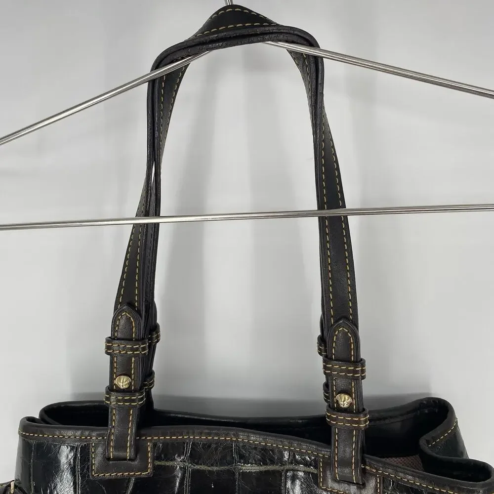 Dooney & Bourke Croco Embossed Leather Tassel Shoulder Tote Bag Brown
